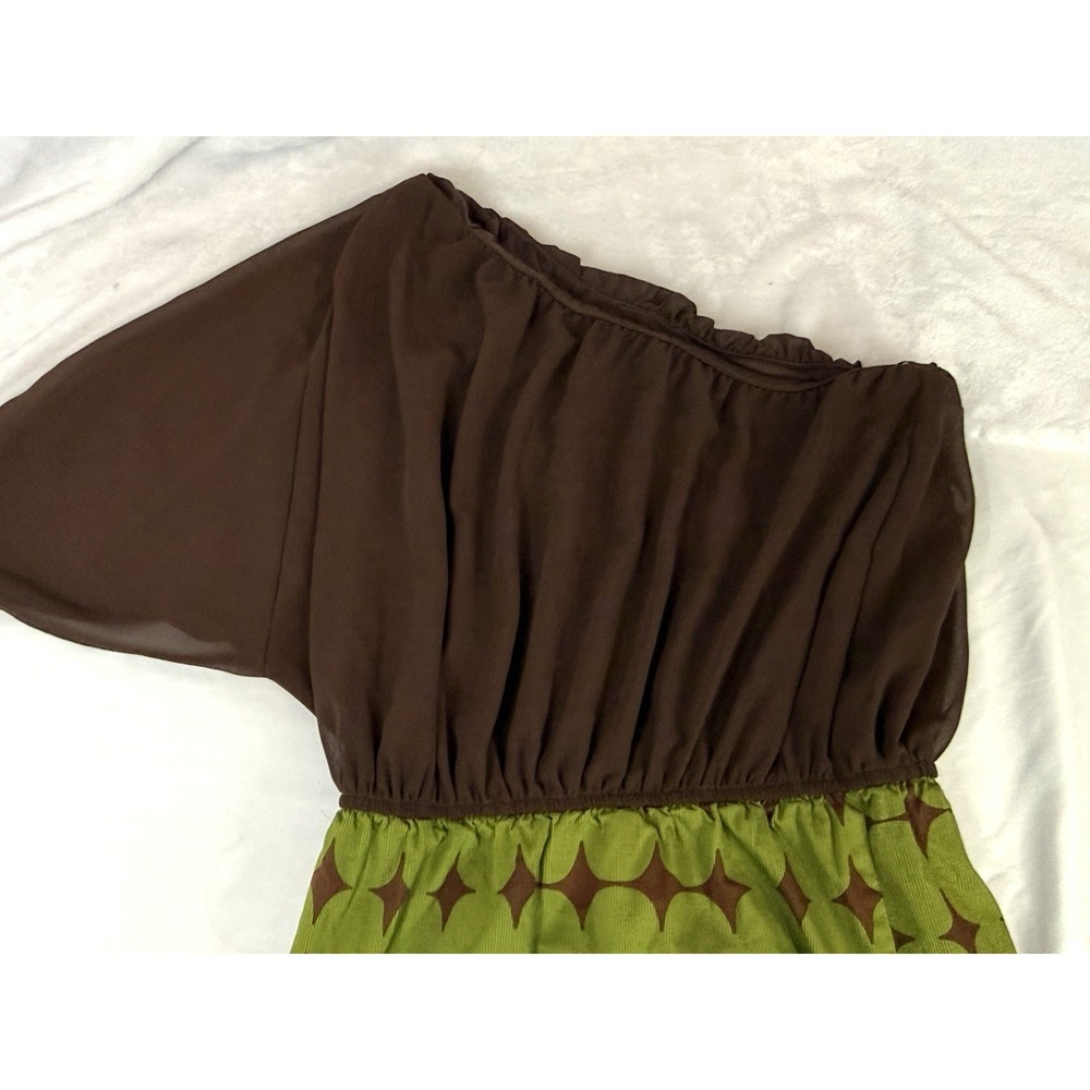VTG Judith March One Shoulder Dress Small Green Brown Retro Geometric Mini USA - Picture 6 of 10